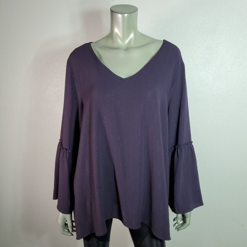 Style & Co Top Plus Size XXL Bell Sleeve Metallic Long Sleeve Pullover Purple - Picture 2 of 5